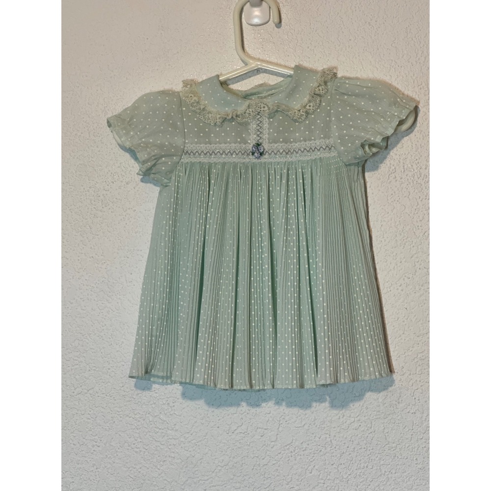 Vintage Sears Perma-Prest Mint Green Polka Dot Pleated Baby Dress Size S 14-19lb